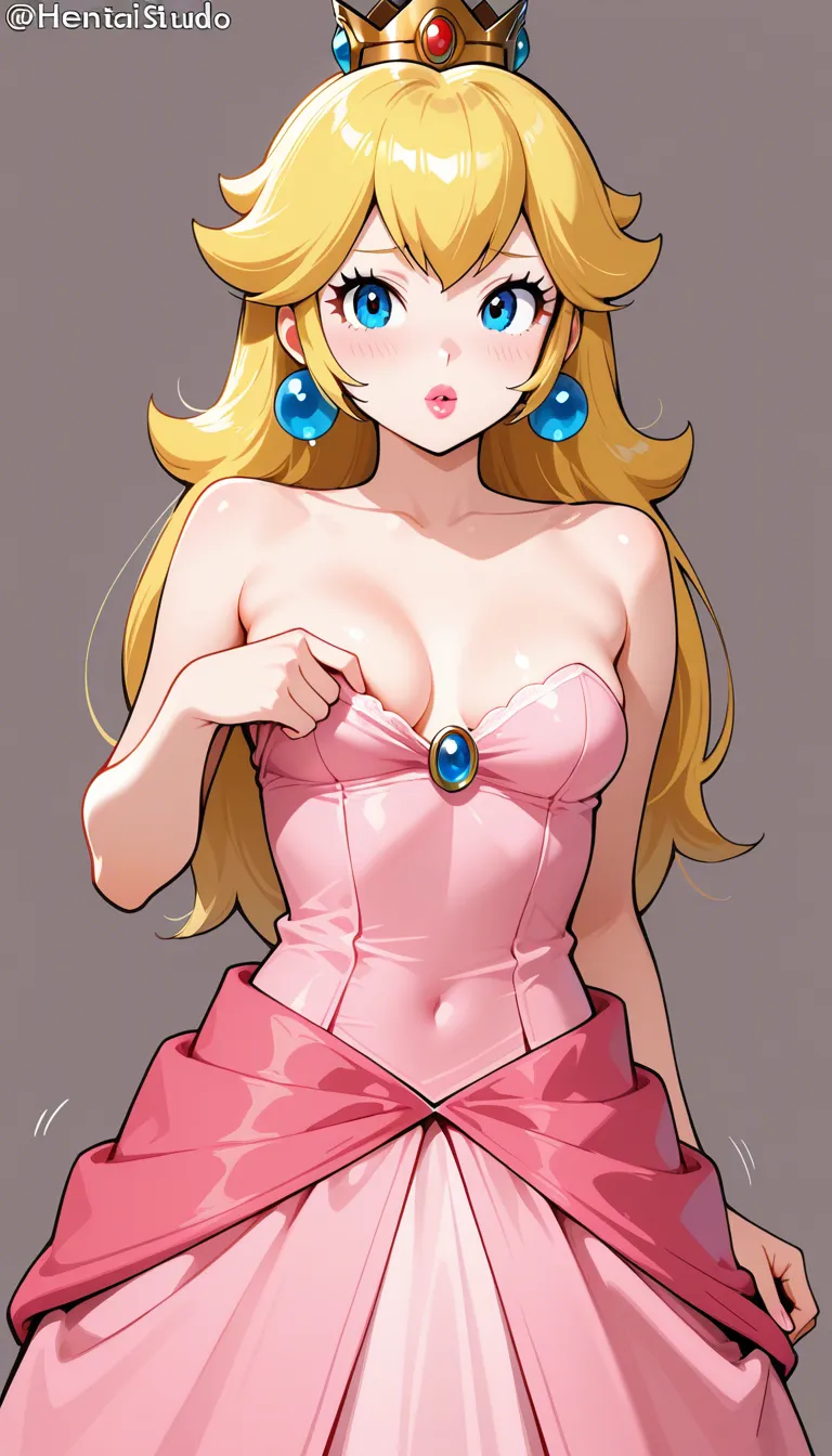 princess peach, age 20, small breasts, She pulls down her dress and exposes her breasts. 4k resolution