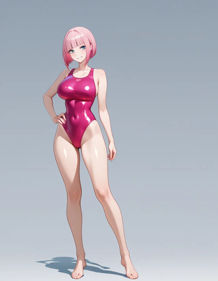 sexy, pink hair, bob cut, shiny pink one piece swimsuit, full body, smile, hentai_studio_quality