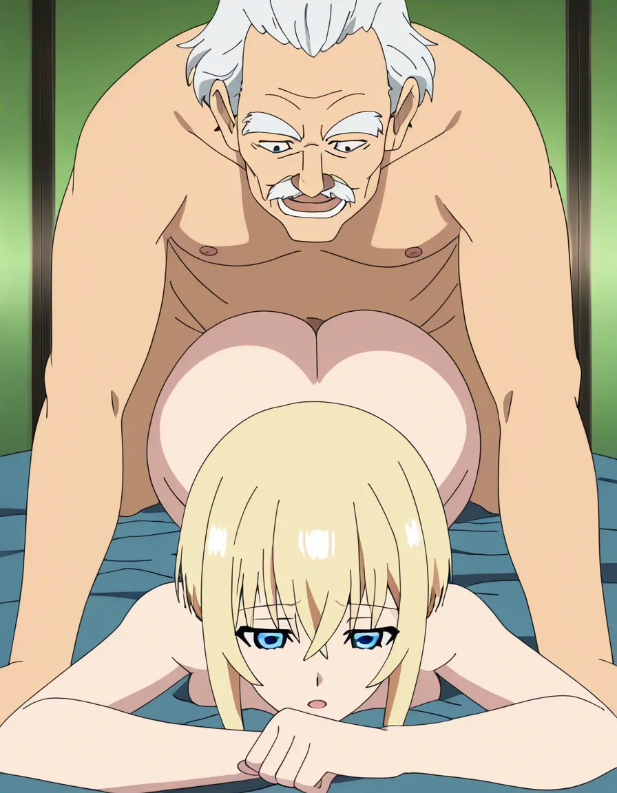 huge_ass, narrow_waist, hourglass body, long blonde_hair, blue_eyes, beautiful, hentai_studio_quality, laying flat, sex_from_behind, prone bone, male_penetrated,,old man(anime style:1.3), 2d, anime screencap, cel shading, flat color, @00osamio00, (anime style:1.3), 2d, anime screencap, cel shading, flat color, @00osamio00, (anime style:1.3), 2d, anime screencap, cel shading, flat color, @00osamio00, (anime style:1.3), 2d, anime screencap, cel shading, flat color, @00osamio00