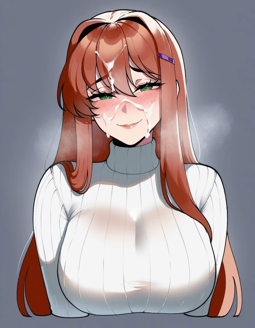 #nyantcha_artstyle, @monika_(doki_doki_literature_club), 1girl, solo, hair_down, embarrassed, smile, white_turtleneck_sweater, cum, facial, facing_viewer, upper_body, hentai_studio_quality