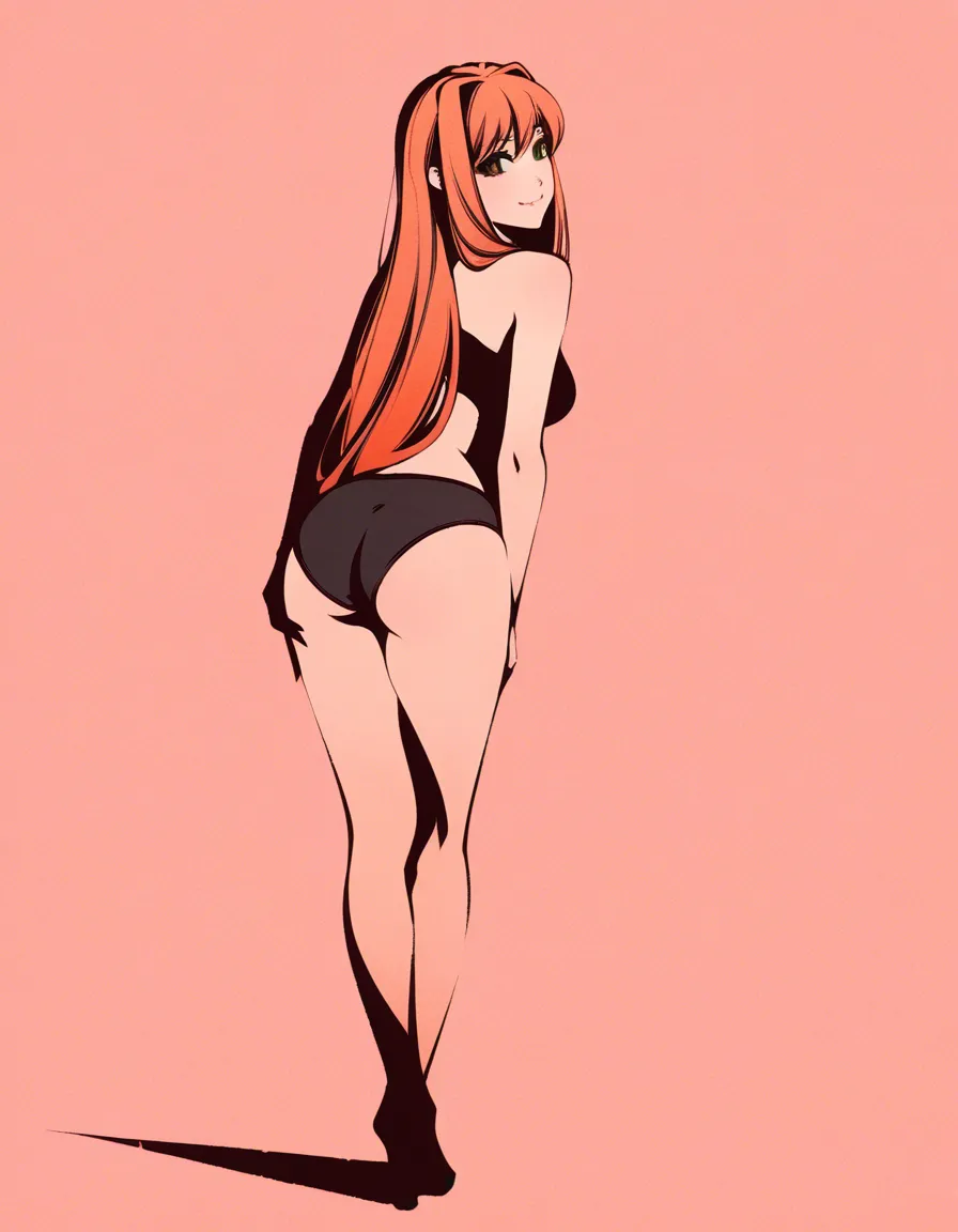 #moshimoshibe_artstyle, @monika_(doki_doki_literature_club), 1girl, solo, orange_hair, hair_down, smile, ass, black_panties, standing, looking_back, full_body, from_behind, hentai_studio_quality