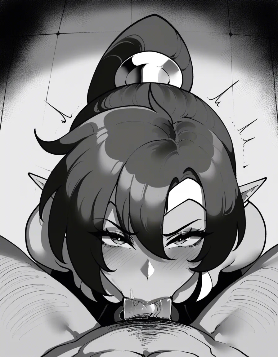 #nyantcha_artstyle, @shantae, 1girl, fellatio, :>=, deepthroat, from_above, looking_up, looking_at_viewer, pov, hentai_studio_quality