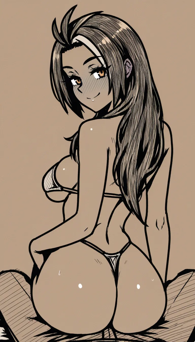 #akairiot_artstyle, @nemona_(pokemon), 1girl, hair_down, full-face_blush, smile, medium_breasts, ass, sitting_on_lap, looking_back, pov