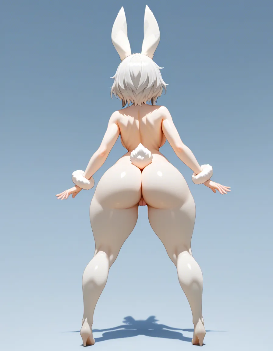 full_body, hermaphroditic anthro rabbit girl, white fur, cute, curvy figure, naked, a thick rabbit penis, ass_visible_through_thighs, hentai_studio_quality