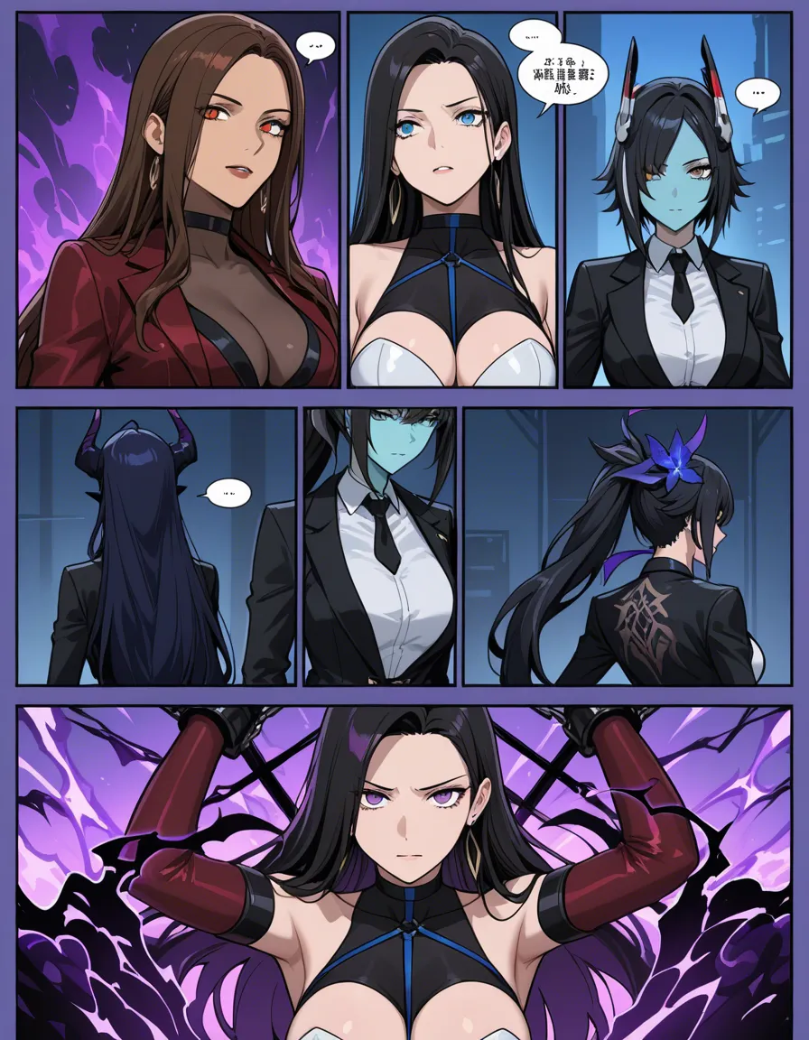 highly detailed, sharp, 4girls, colored skin, alternate costume, bondage, mysterious vibe, manga panel look, hentai_studio_quality