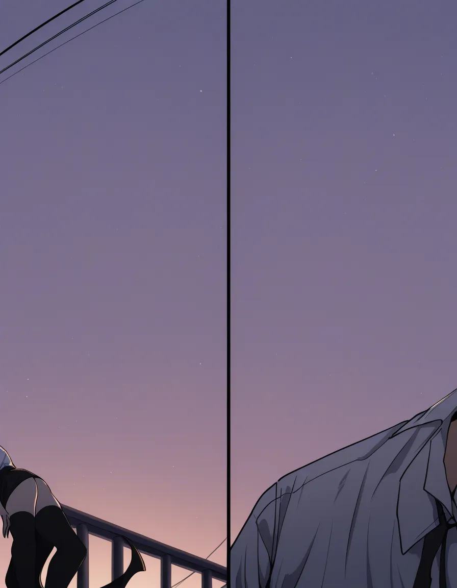 highly detailed, sharp, couple, thighhighs, collared shirt, presenting, sky, tender moment, soft cel shading, hentai_studio_quality