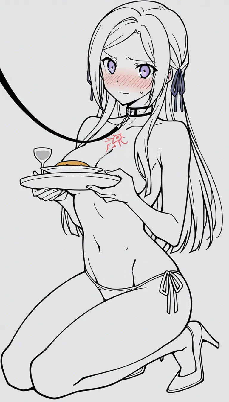 @edelgard_von_hresvelg, embarrassed, side-tie_bikini_bottom, topless, high_heels, chest_tattoo, covering_breasts, leash, holding_tray, serving, kneeling