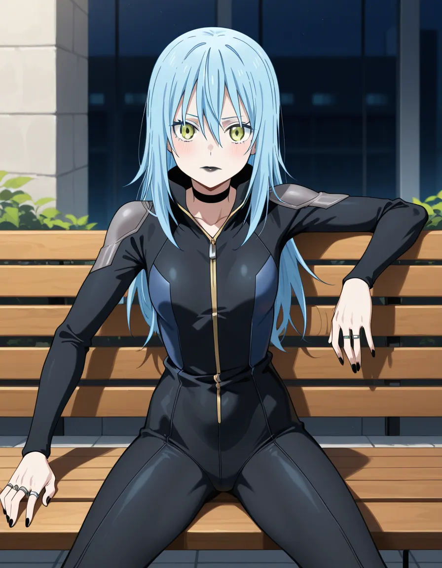 @rimuru_tempest, black_bodysuit, black_nails, black lips, choker, multiple_rings, bench, hentai_studio_quality