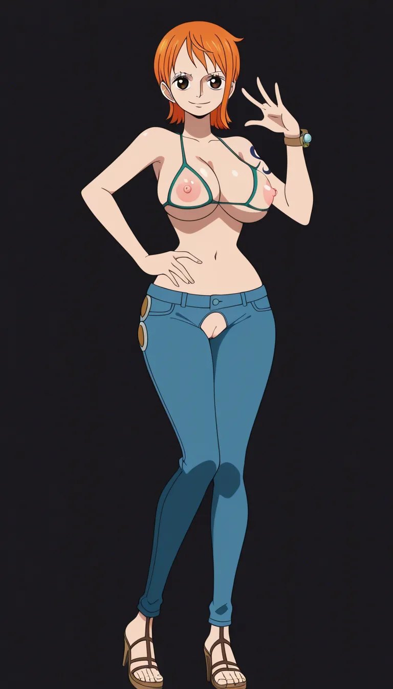Nami from One Piece, Oda style, full_body, beautiful warm smile, gentle expression, standing, sexy pose, one hand on hip, facing camera, black background, jeans with crotch cutout, green cupless bikini top with only strings, breasts and nipples exposed, pussy exposed, high heel sandals, spherical logpose on left wrist,, (anime style:1.3), 2d, anime screencap, cel shading, flat color, @00osamio00