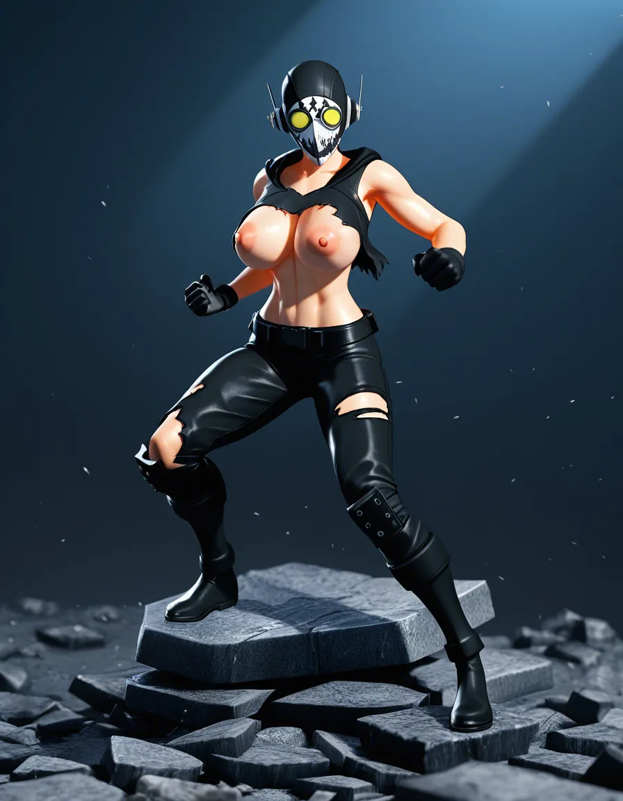 dynamic anime battle statue, @hyuuga_hinata in an action stance, one knee down on a broken stone base, torn fabric, battle-damaged outfit, intense gaze, cinematic side-lighting, detailed cloth physics, collectible figure sculpt, ZBrush render , nipples , large_areolae , seed 3243223, score_9, score_8, 3d render, octane render, subsurface scattering, ray tracing, smooth shading