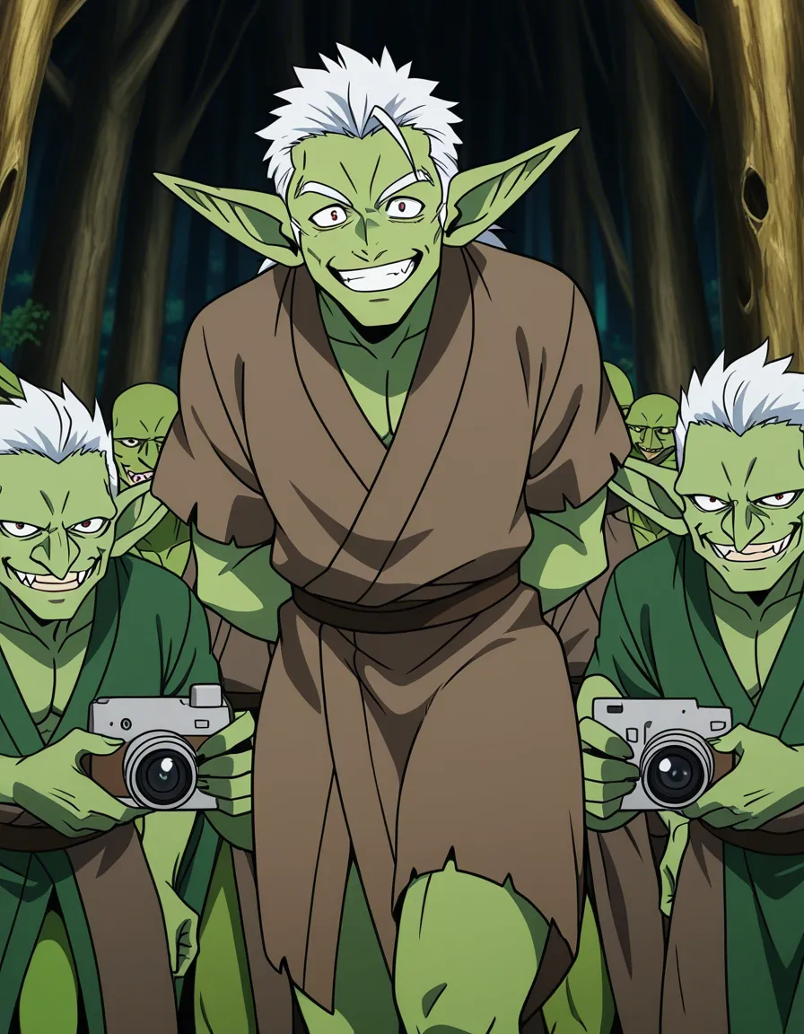 A group of many male goblin-dwarves—wearing loincloths, with green skin, large penises peeking out from their loincloths, and daggers—standing in a forest with lustful smiles; each goblin is distinct with unique features, surrounding the camera; each goblin is very attractive; high quality., (anime style:1.3), 2d, anime screencap, cel shading, flat color