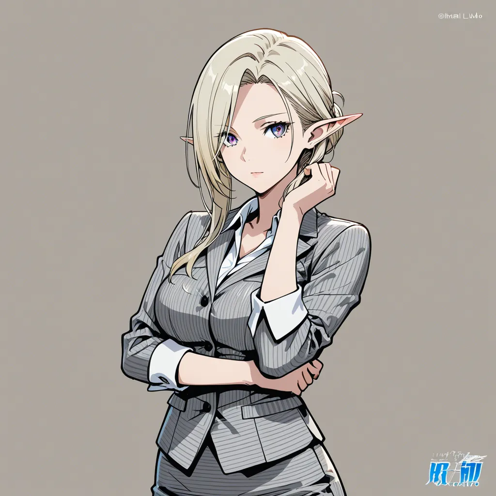 absurdres, highres, office lady, pointy ears, bow, hair pull, mysterious vibe, visual novel art