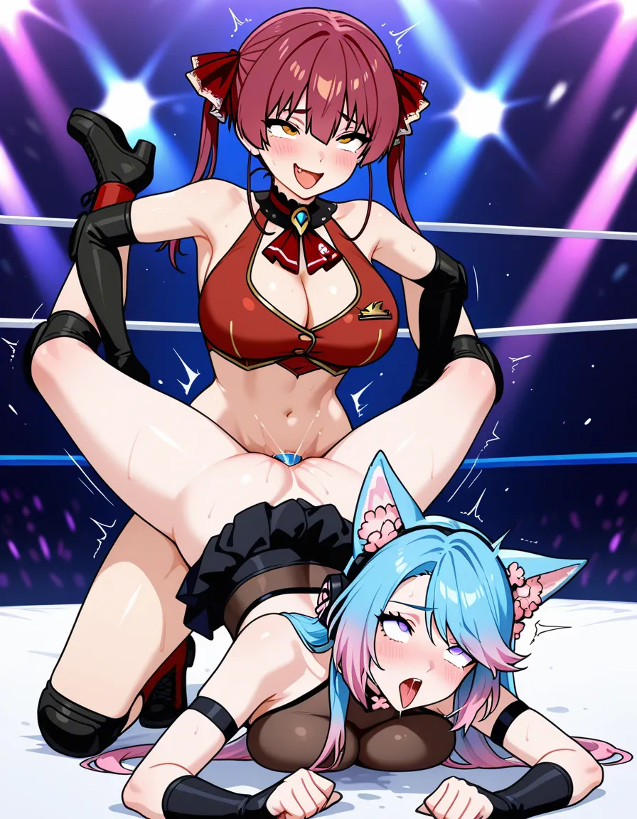 @houshou_marine , silvervale_(vtuber) , 2girls yuri sex, wrestling_ring, wrestling, strapon, vaginal_object_insertion , bruised , pussy_juice orgasm ahegao , defeated,, hentai_studio_quality, hentai_studio_quality
