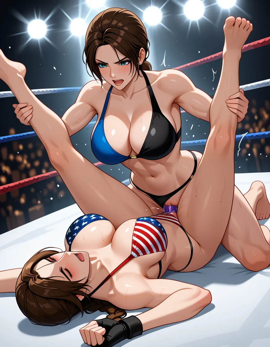 lara_croft_(tomb_raider) , tina_armstrong_(dead_or_alive)_american_flag_bikini , yuri , strapon , wrestling , catfight , defeated , vaginal_object_insertion , squirting, hentai_studio_quality