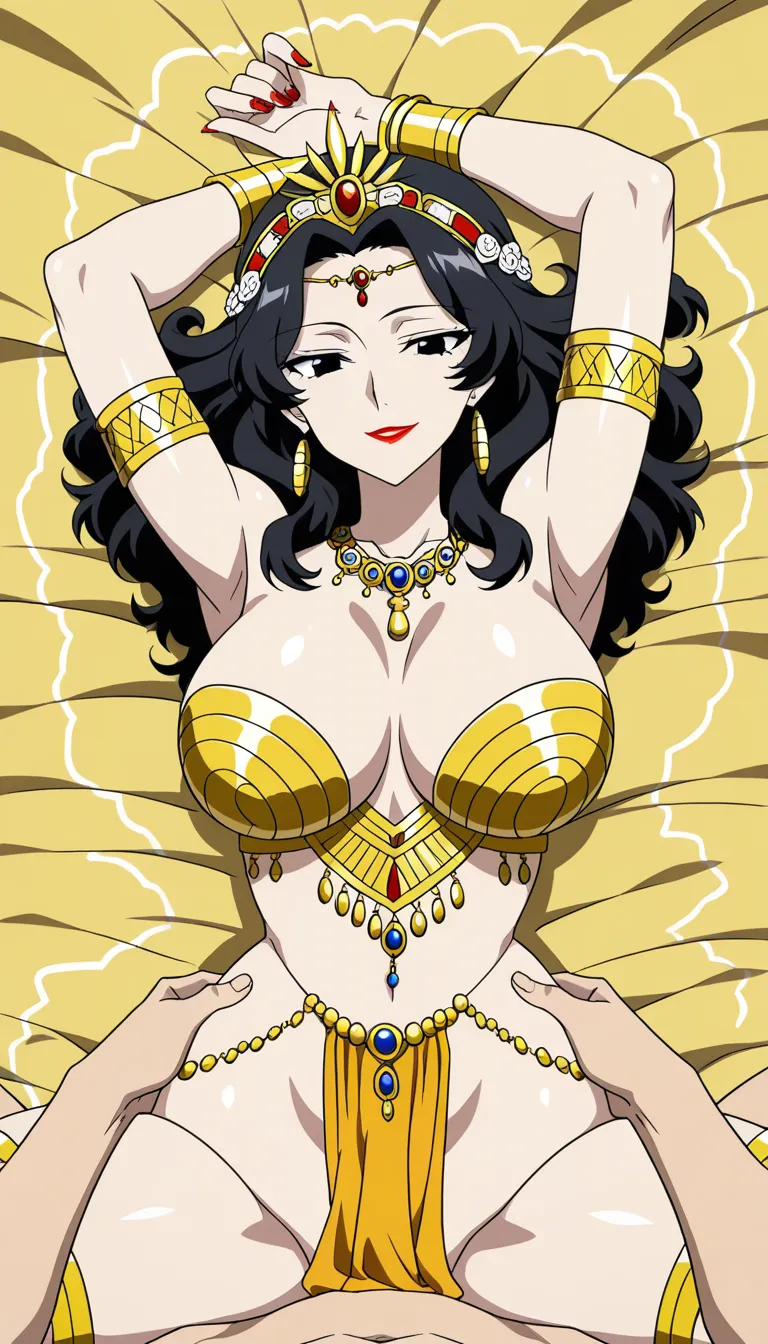 Maa Durga with fair skin and multiple arms and curvy figure having sex with me, Bengali Facial Features, POV sex, long black curly hair upto hips, Indian goddess crown Mukut, black eyes with fine longer lashes, missionary on a golden bed, sexy erotic smile, devine radiance, bright red lipstick, nailpolish, gold Intricate saree and blouse, adorned in intricate make up, armlets, bracelets, anklets, thighlets, cummerbund, ornaments, necklace, flowers around, Realistic Movements, flat colour 2d Bengali folk art,