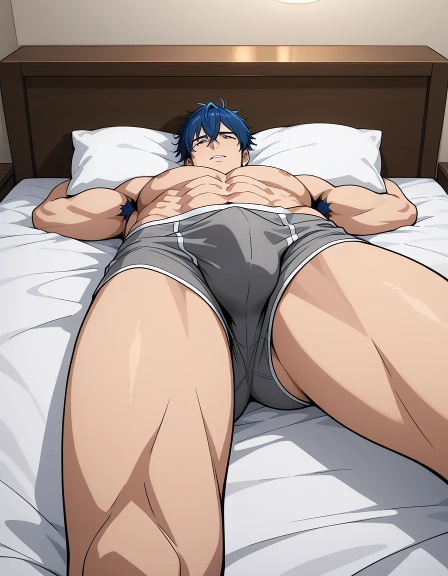 highres, vivid, male focus, ass visible through thighs, underwear, missionary, bed, manga panel look, hentai_studio_quality