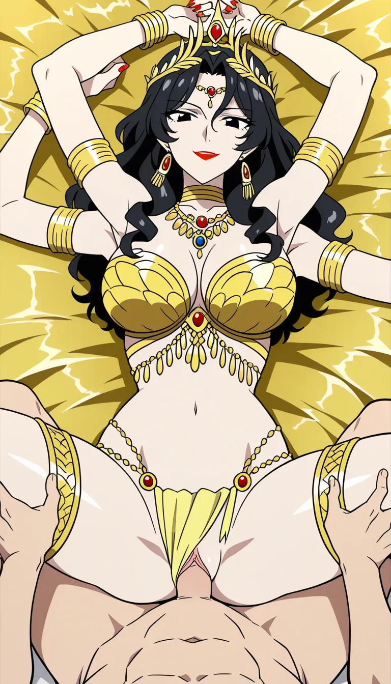 Maa Durga with fair skin and multiple arms and natural curvy figure having sex with me, POV sex, long black curly hair upto hips, goddess crown, black eyes with fine longer lashes, missionary on a golden bed, sexy erotic smile, devine radiance, bright red lipstick, nailpolish, gold Intricate saree and blouse, adorned in intricate make up, armlets, bracelets, anklets, thighlets, cummerbund, ornaments, necklace, flowers around, Realistic Movements, flat colour 2d Bengali folk art,