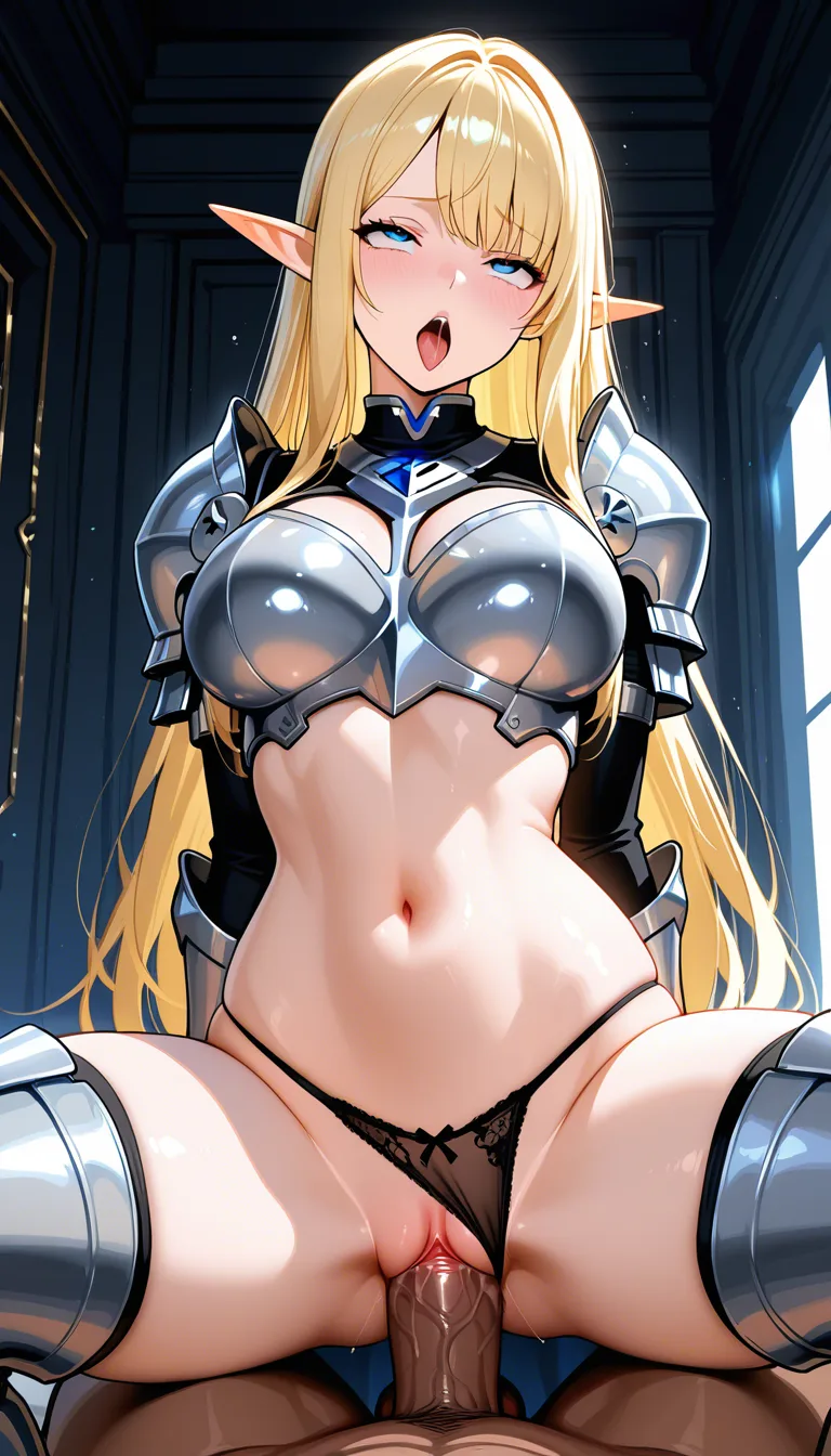 ultra HD, Masterpiece, highly detailed, we can see short thin slender blonde elf girl, With long loose hairs, wearing Silver blue Knight armor, has detailed Knight boots and legguards on, ripped black panties on side, getting hard fucked in her pussy, by very big dark man, shes sitting on the man and has her legs wide open, man holds her hips, reverse_cowgirl_position, girl_on_top, looking_at_viewer, large_penis, veiny_penis, ahegao