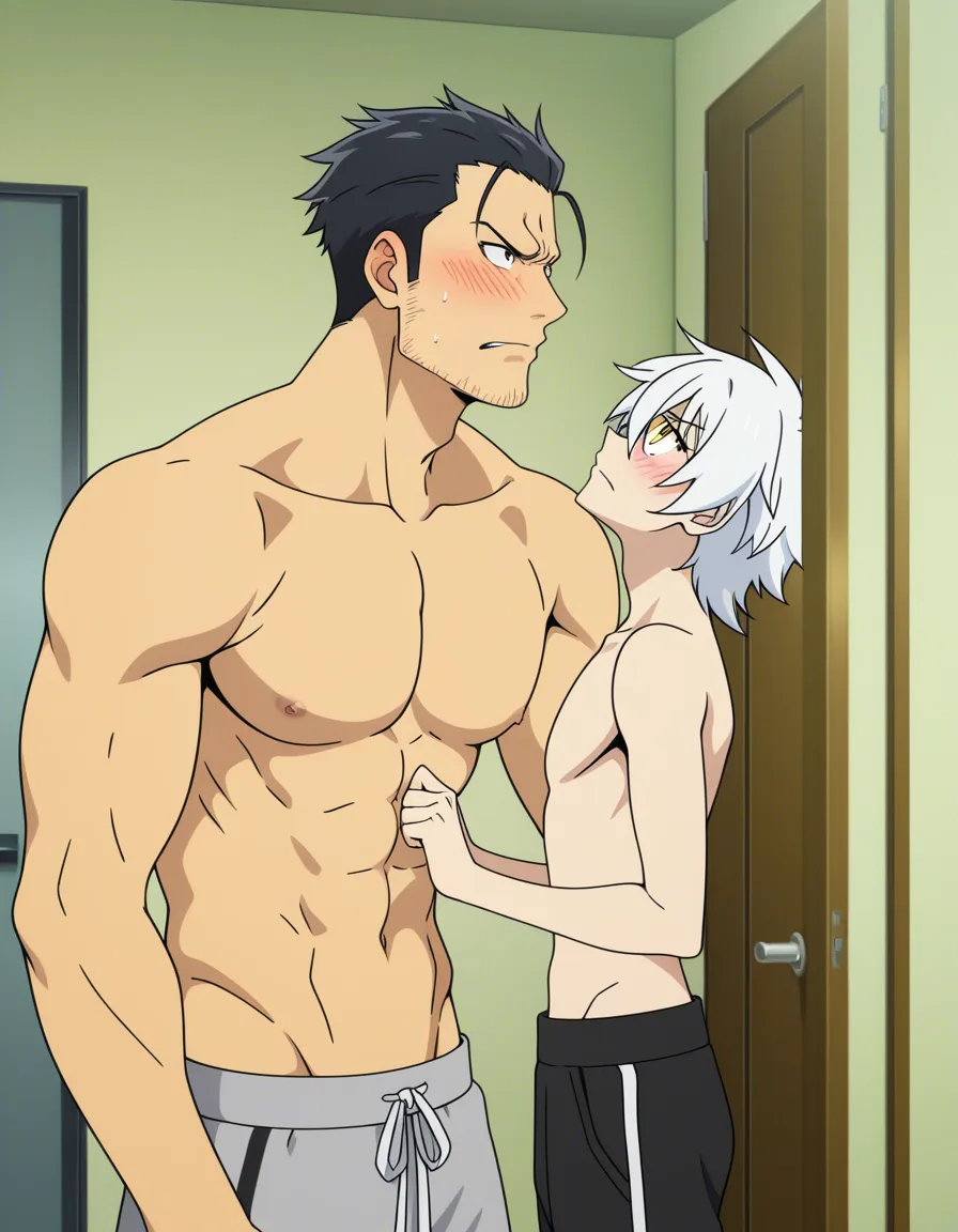 hentai_studio_quality, (anime style:1.3), 2d, anime screencap, cel shading, flat color. size_difference, yaoi, shorter boy, black_hair, black eyes, deressed casual, blushing, looking up at tall, handsome man, white hair, yellow_eyes, stubble, in topless_male, muscular, sweatpants, glaring down at him BREAK apartment front door, hentai_studio_quality, hentai_studio_quality, hentai_studio_quality, hentai_studio_quality, hentai_studio_quality