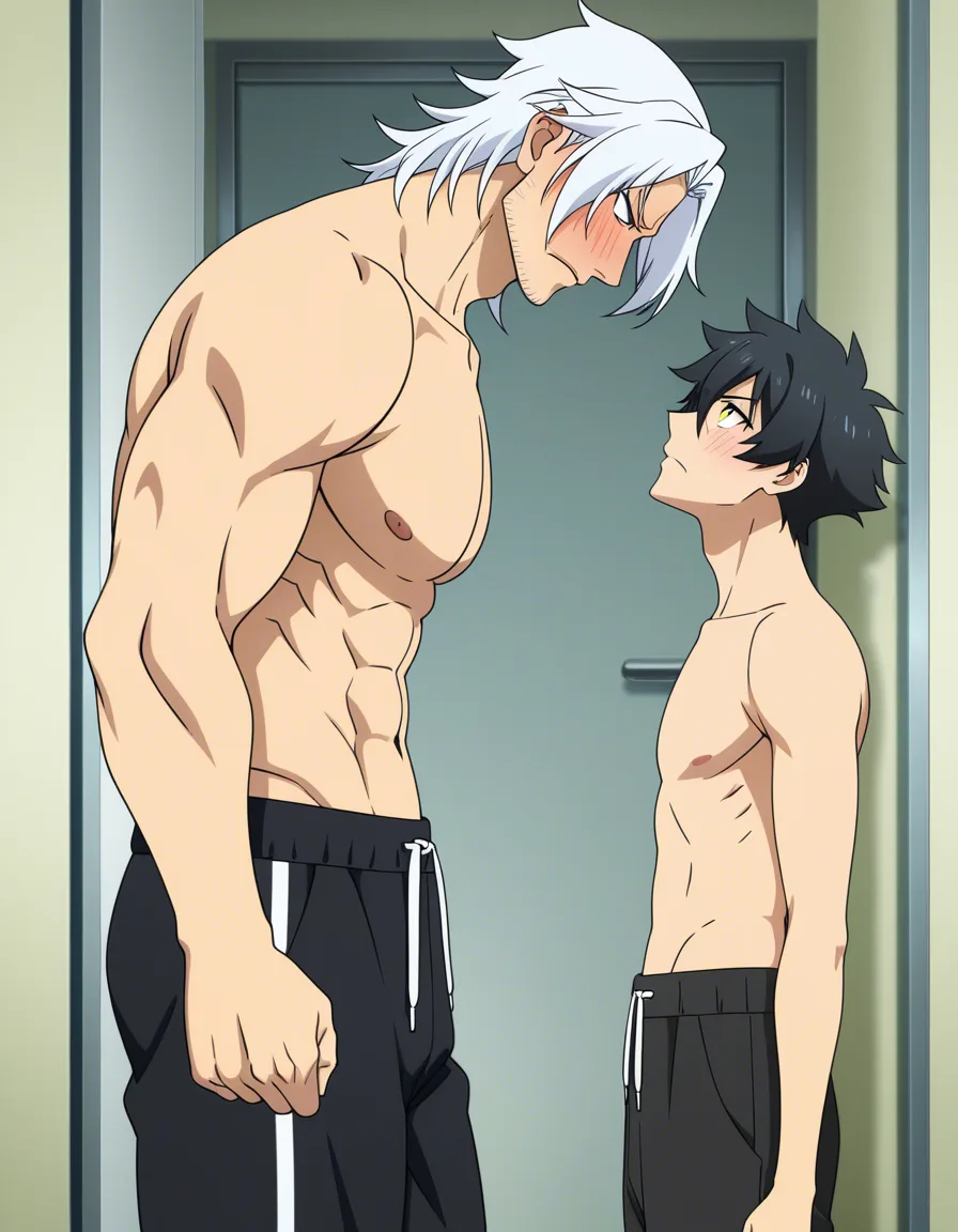 hentai_studio_quality, (anime style:1.3), 2d, anime screencap, cel shading, flat color. size_difference, yaoi, shorter boy, black_hair, black eyes, deressed casual, blushing, looking up at tall, handsome man, white hair, yellow_eyes, stubble, in topless_male, muscular, sweatpants, glaring down at him BREAK apartment front door, hentai_studio_quality, hentai_studio_quality, hentai_studio_quality, hentai_studio_quality, hentai_studio_quality, hentai_studio_quality, hentai_studio_quality