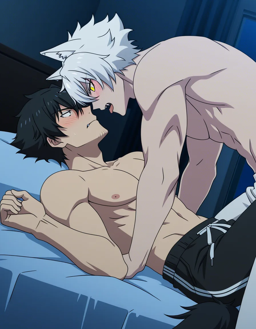 hentai_studio_quality, (anime style:1.3), 2d, anime screencap, cel shading, flat color. size_difference, yaoi. shorter boy, short black_hair, black eyes, dressed casual, blushing, laying on his back on a bed, french kissing a tall, handsome man, white hair, yellow_eyes, wolf_ears, wolf_tail, fangs, stubble, topless_male, muscular, sweatpants, glaring down at him BREAK bedroom night, hentai_studio_quality, hentai_studio_quality, hentai_studio_quality, hentai_studio_quality, hentai_studio_quality, hentai_studio_quality, hentai_studio_quality, hentai_studio_quality, hentai_studio_quality