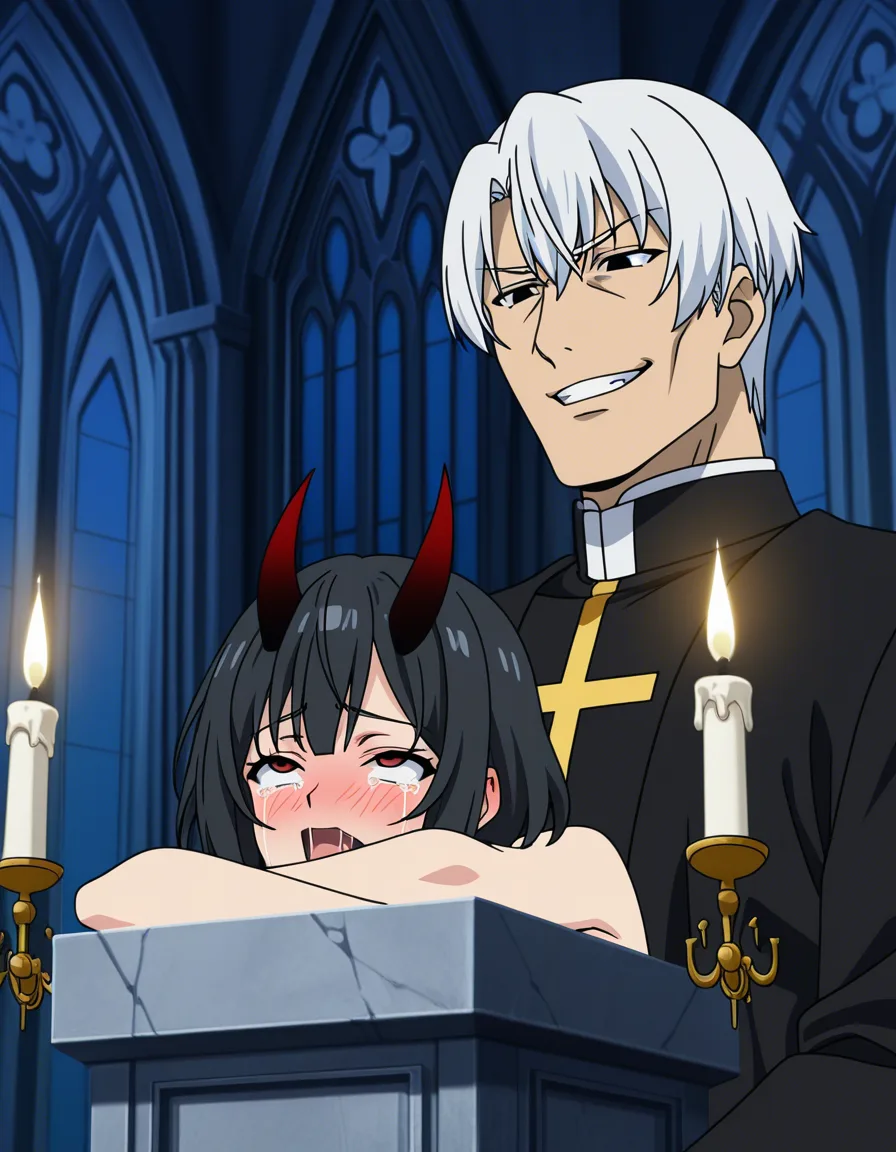 hentai_studio_quality, (anime style:1.3), 2d, anime screencap, cel shading, flat color yaoi, age_difference, size_difference. side from_side 
shorter, younger man, short_hair, black_hair, black eyes, tears, naked, blushing, ahegao, sex_from_behind, leaning on altar with candles and a cross, male_penetrated by tall, handsome man with white_hair, red_eyes, demon_horns, demon_tail, evil_smile, dressed like a priest BREAK inside church, night, hentai_studio_quality, hentai_studio_quality, hentai_studio_quality, hentai_studio_quality, hentai_studio_quality