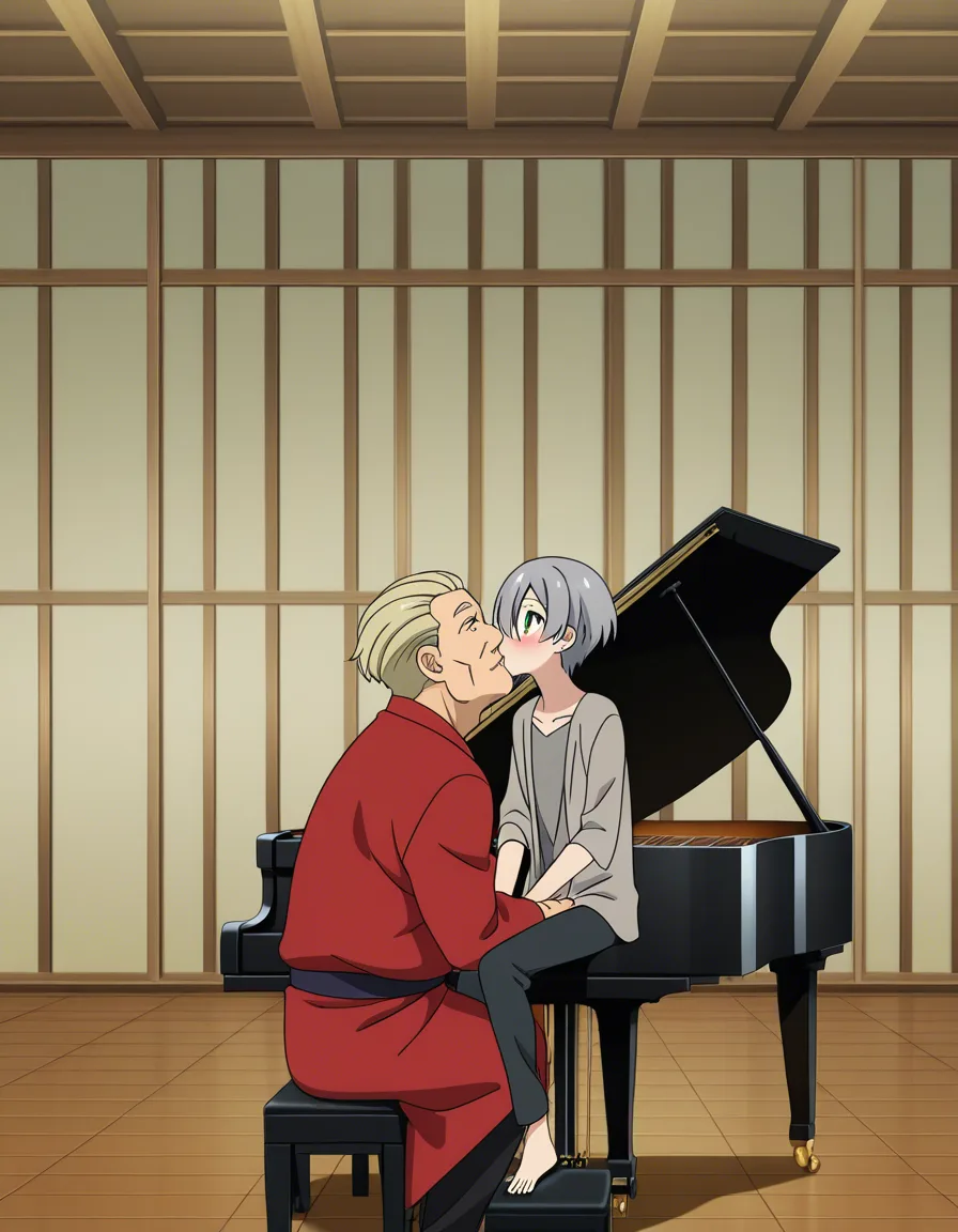 hentai_studio_quality, (anime style:1.3), 2d, anime screencap, cel shading, flat color. yaoi, age_difference, older man, hair_slicked_back, grey_hair, red_eyes, blush, standing, leaning down, younger man, blonde_hair, green_eyes, blush, dressed casual, sitting at grand piano, looking up, imminent_kiss BREAK music room, hentai_studio_quality, hentai_studio_quality, hentai_studio_quality, hentai_studio_quality, hentai_studio_quality, hentai_studio_quality
