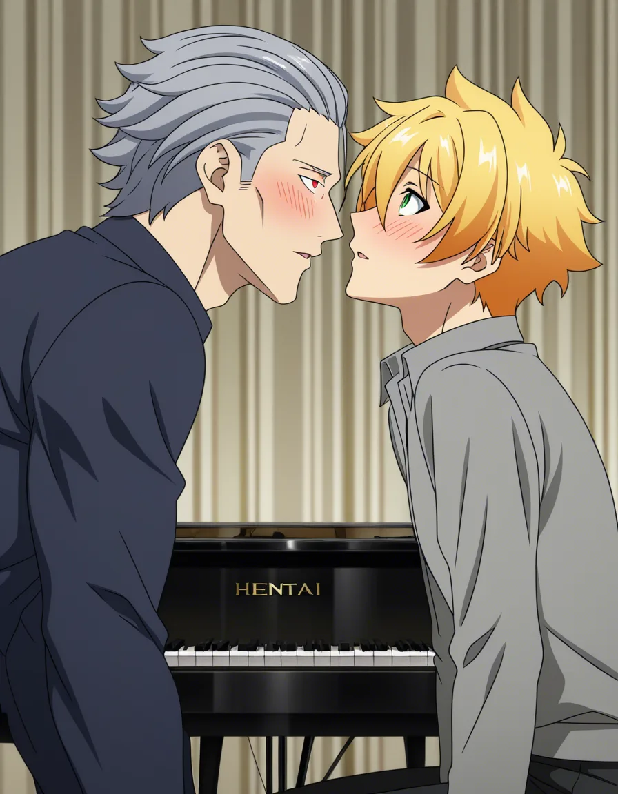 hentai_studio_quality, (anime style:1.3), 2d, anime screencap, cel shading, flat color. yaoi, handsome older man, lines around eyes, hair_slicked_back, grey_hair, red_eyes, blush, standing, leaning down, younger man, blonde_hair, green_eyes, blush, dressed casual, sitting at grand piano, looking up, imminent_kiss BREAK music room, hentai_studio_quality, hentai_studio_quality, hentai_studio_quality, hentai_studio_quality, hentai_studio_quality, hentai_studio_quality, hentai_studio_quality
