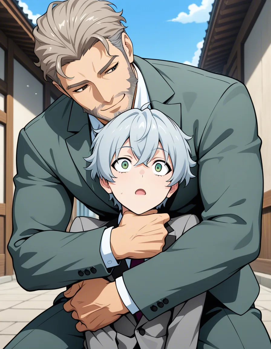 masterpiece, best quality, high res, cel shading, yaoi, height_difference, age_difference, 1boy, short, younger, curly_hair light brown_hair, brown_eyes, half-closed_eyes, seductive_smile, dressed casually
1boy, surprised, grey blue_hair, green_eyes, facial_hair, hug grey suit BREAK outdoors, hentai_studio_quality, hentai_studio_quality, hentai_studio_quality, hentai_studio_quality, hentai_studio_quality, hentai_studio_quality