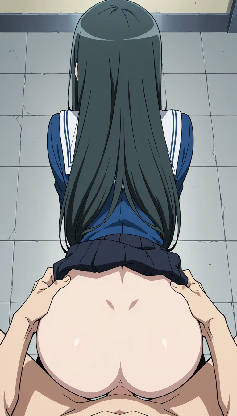 a long haired girl 18 years old, Doggystyle sex position, pov from back, she's beautiful and sexy, black haired girl, she's cute, looking at the person who fucks her, she's moaning, school uniform no panties, no bras