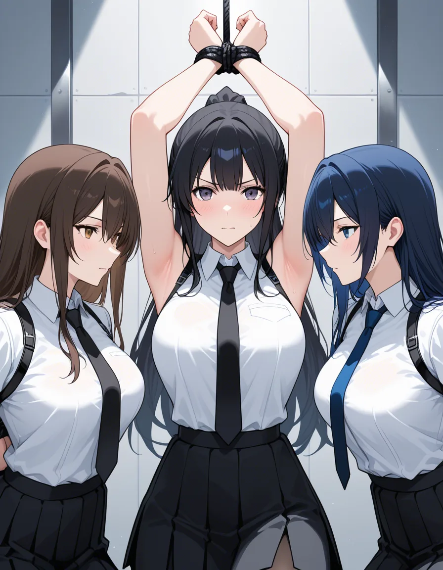 absurdres, highres, 3girls, armpits, black skirt, bondage, dreamy atmosphere, eroge aesthetic, hentai_studio_quality