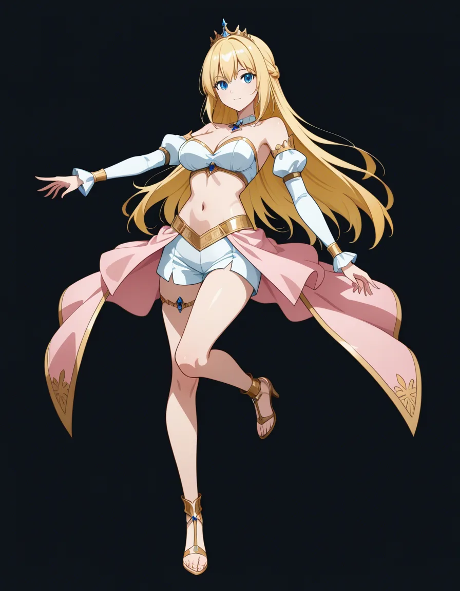 ultra detailed shading, princess, leg up, navel, black background, anime style, hentai_studio_quality
