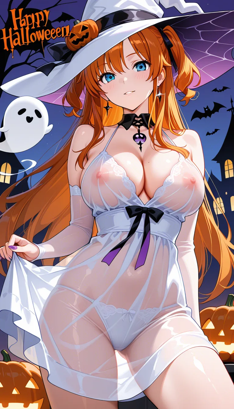 dress up as a ghost，halloween, see-through_clothes ,nipple
