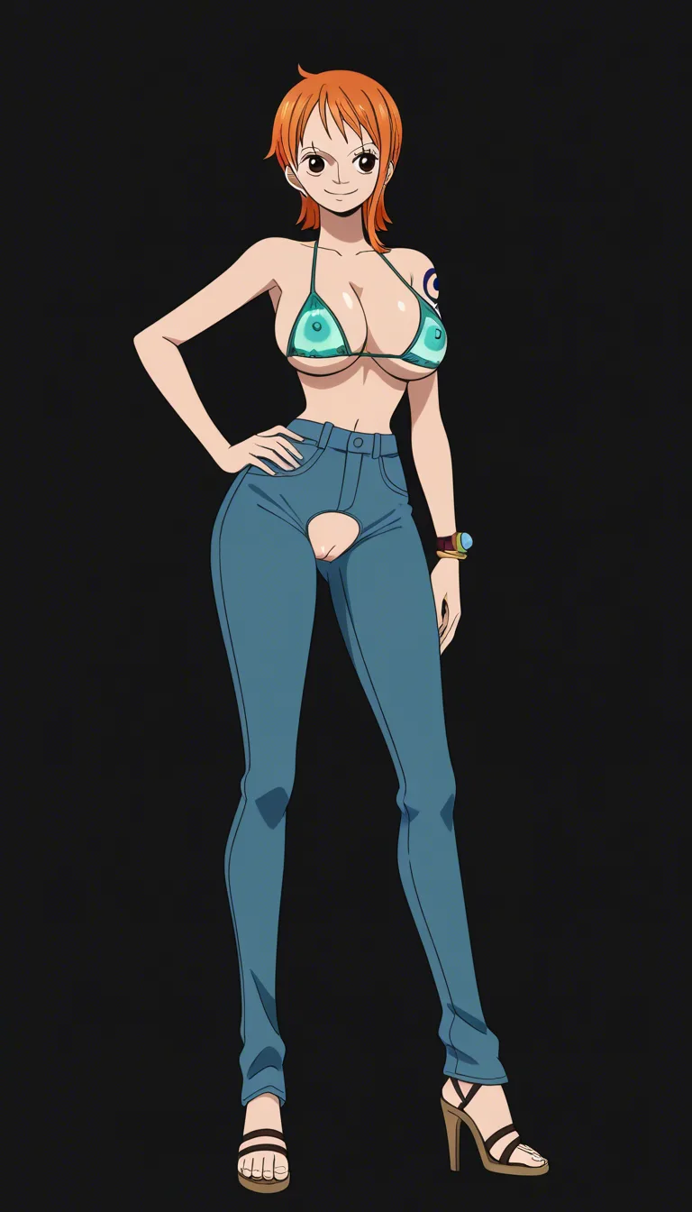 Nami from One Piece, Oda style, full_body, beautiful warm smile, gentle expression, standing, sexy pose, one hand on hip, facing camera, black background, jeans with crotch cutout, green cupless bikini top with only strings, breasts and nipples exposed, pussy exposed, high heel sandals, spherical logpose on left wrist,, (anime style:1.3), 2d, anime screencap, cel shading, flat color, @00osamio00
