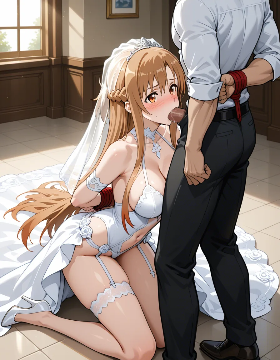 /masterpiece /highres /ultra_detailed @asuna_(sao) #public_indecency #bridal_garter #bridal_veil #wedding_dress #lace #revealing_clothes #embarrassed #kneeling #bondage #fellatio, hentai_studio_quality