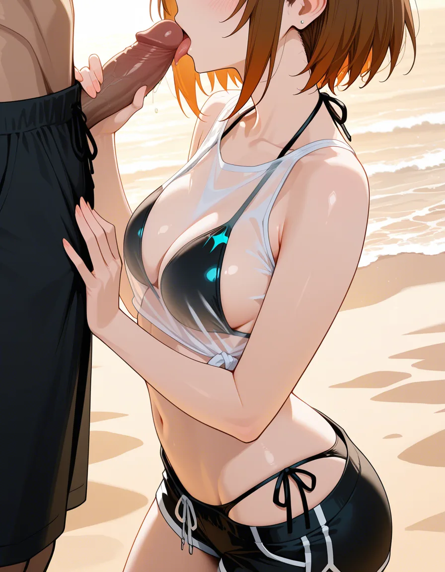 masterpiece, highres, vivid, best_quality, 1girl, 1boy, short_hair, brown_hair, petite, medium_breasts, transparent top, black_shorts, side-tie_bikini_bottom, bikini_under_clothes, licking_penis, from_side BREAK beach, hentai_studio_quality
