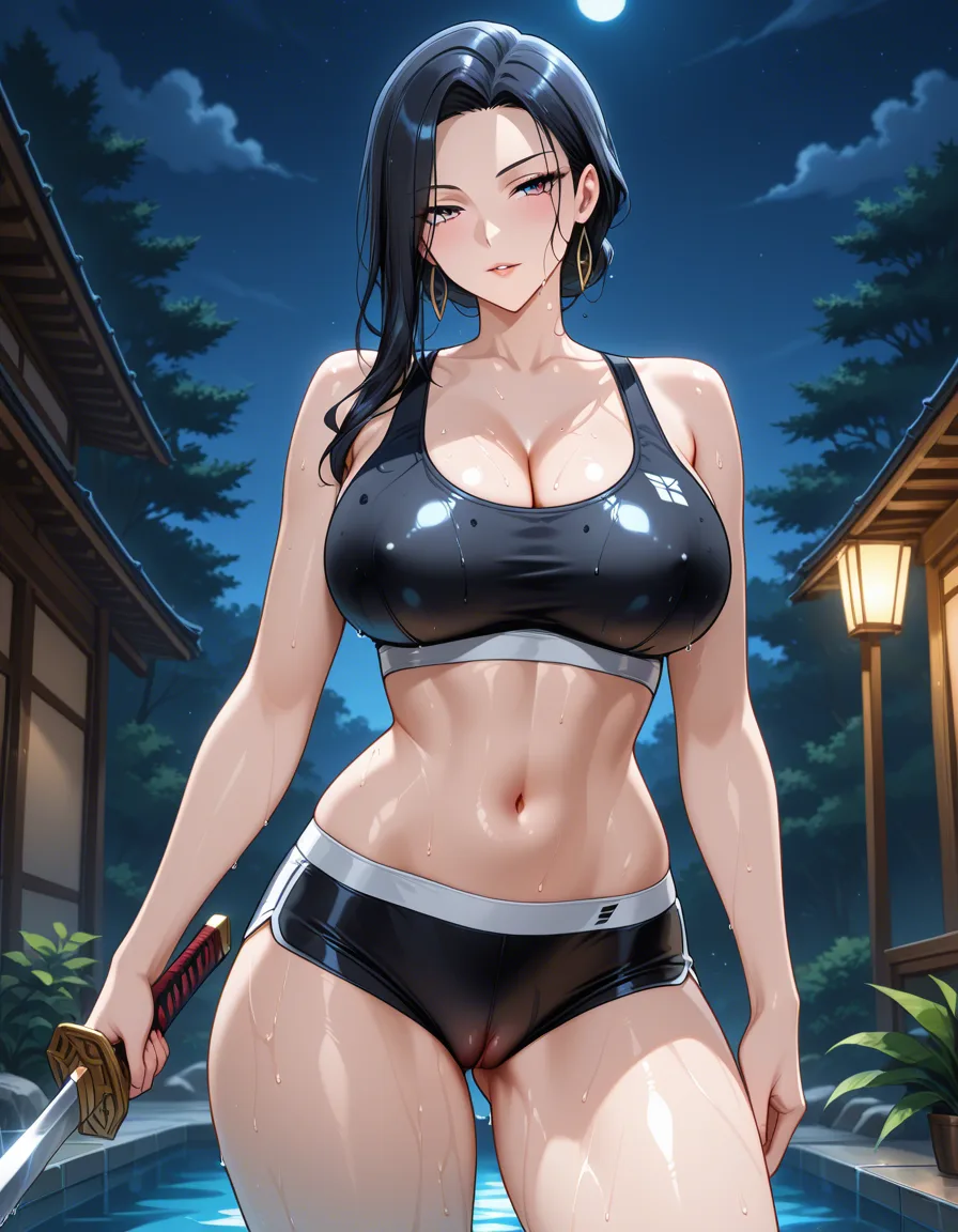 absurdres, highres, milf, athletic build, weapon, wet pussy, night, seductive look, visual novel art, hentai_studio_quality