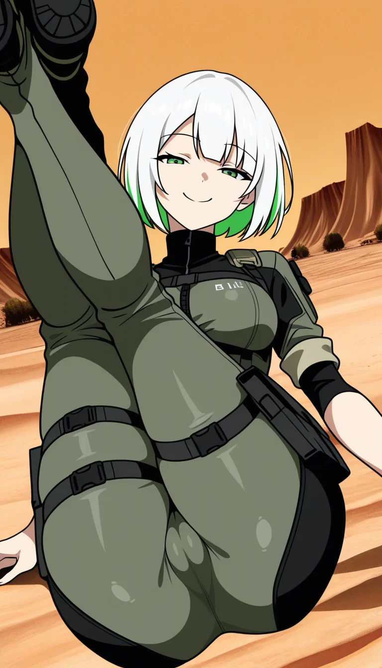 1  Masterpiece, natural perky medium breasts, look at viewer, fine detail, Anime Female With Short bob cut White hair, top cloth, medium Breasts, Green Eyes, Cheeky Face,  legs  together, half closed eyes,   no helmet, Pants, no gloves, village surroundings background, desert biome, eroge aesthetics, legs up on air, cameltoe, legs together,  · Base: Form-fitting khaki tactical jumpsuit with a front zipper. · Sleeves: Two-toned with dark green/black fitted forearms. The sleeves are rolled up. · Chest: Olive-drab chest rig with shoulder straps and a row of six utility pouches. · Waist & Thighs: Dark green tactical belt with black buckles, connected by horizontal straps wrapping around the upper thighs. · Extras: High dark collar with red accents, and a rigid dark thigh plates on the Thighs. ... single continuous shot, full widescreen view, one single image, uninterrupted scene, no borders, no panels, wide angle cinematic photograph, single perspective, edge-to-edge frame ... modern digital drawing style, clean monoline ink linework, flat cel shading with minimal soft gradients, vibrant color palette with high-contrast accent tones, minimalist geometric background elements, crisp vector-like finish, contemporary graphic illustration.,, hentai_studio_quality