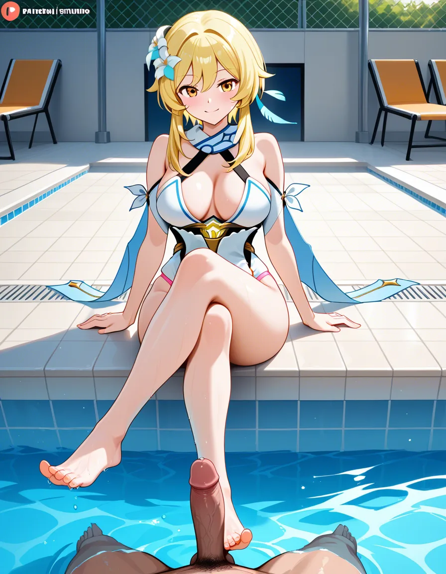 lumine, no bra, pink thong, swimming pool, sitting, smile, pov penis, footjob, crossed legs, barefoot, hentai_studio_quality