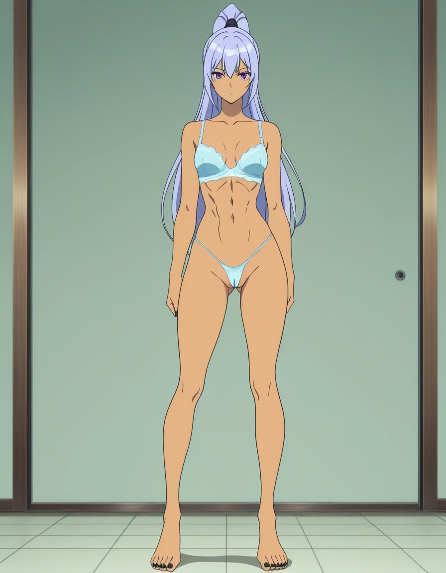 masterpiece, fine detail, anime style, pulling_own_panties, light teal blue lingerie, Micro_thong, bra, rose-pink hair, long_hair, high_ponytail royal purple_eyes, athletic, abs cleft_of_venus, cameltoe, partially_visible_vulva, standing, solo, 1girl, female_focus, (anime style:1.3), 2d, anime screencap, cel shading, flat color, straight_hair, tan, straight-on, full_body, wide_shot, barefoot, black lipstick, black fingernails, black toenails, small_breasts, looking_at_viewer, looking_ahead, (anime style:1.3), 2d, anime screencap, cel shading, flat color