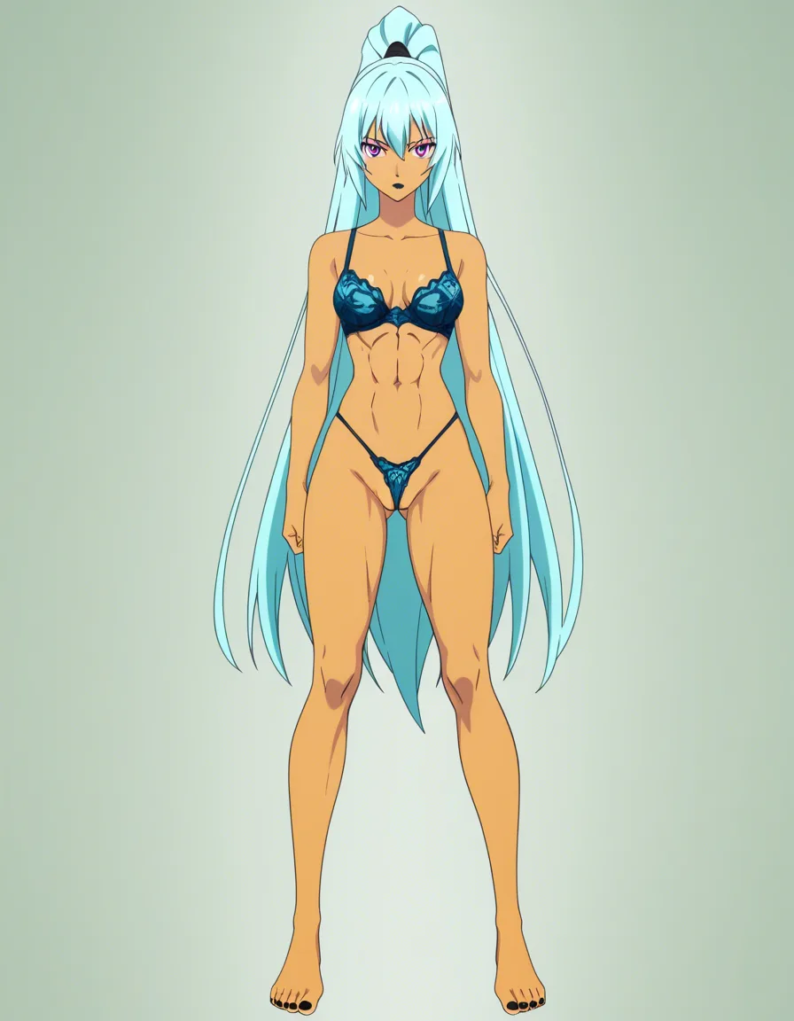 masterpiece, fine detail, anime style, light teal blue lingerie, Micro_thong, bra, rose-pink hair, long_hair, high_ponytail, royal purple_eyes, athletic, abs, partially_visible_vulva, standing, solo, 1girl, straight_hair, tan, straight-on, full_body, barefoot, black lipstick, black fingernails, black toenails, very_small_breasts, looking_at_viewer, looking_ahead, legs_apart, (anime style:1.3), 2d, anime screencap, cel shading, flat color