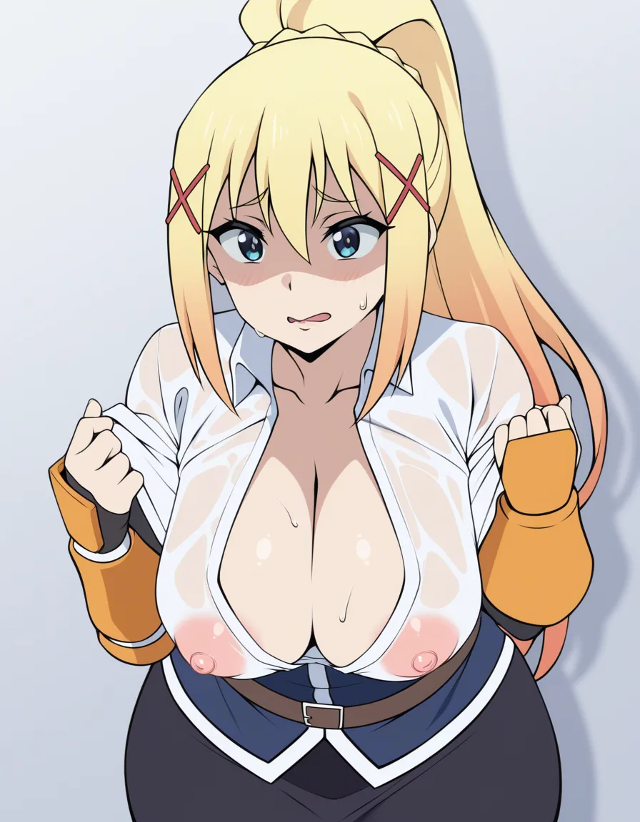 Anime portrait of Darkness from KonoSuba, adult crusader, very large breasts and wide hips, erect nipples strongly visible under a thin white undershirt. Face: noble beautiful face, fair skin, blue eyes with a flushed embarrassed-aroused expression, long lashes, refined brows, straight nose, full lips bitten lightly, long blonde hair in a high ponytail with face-framing strands. Outfit: armor pieces discarded, only a sweat-soaked white shirt remaining, almost see-through from moisture, nipples and areola outlines unmistakable, short armored skirt still on. Pose: covering her face with one gauntlet but peeking, chest pushed forward. Tight portrait. Off-white seamless background, soft light with wet-cloth highlights and deep cleavage shadow. Classic comedy-ecchi anime look, no text., (anime style:1.3), 2d, anime screencap, cel shading, flat color