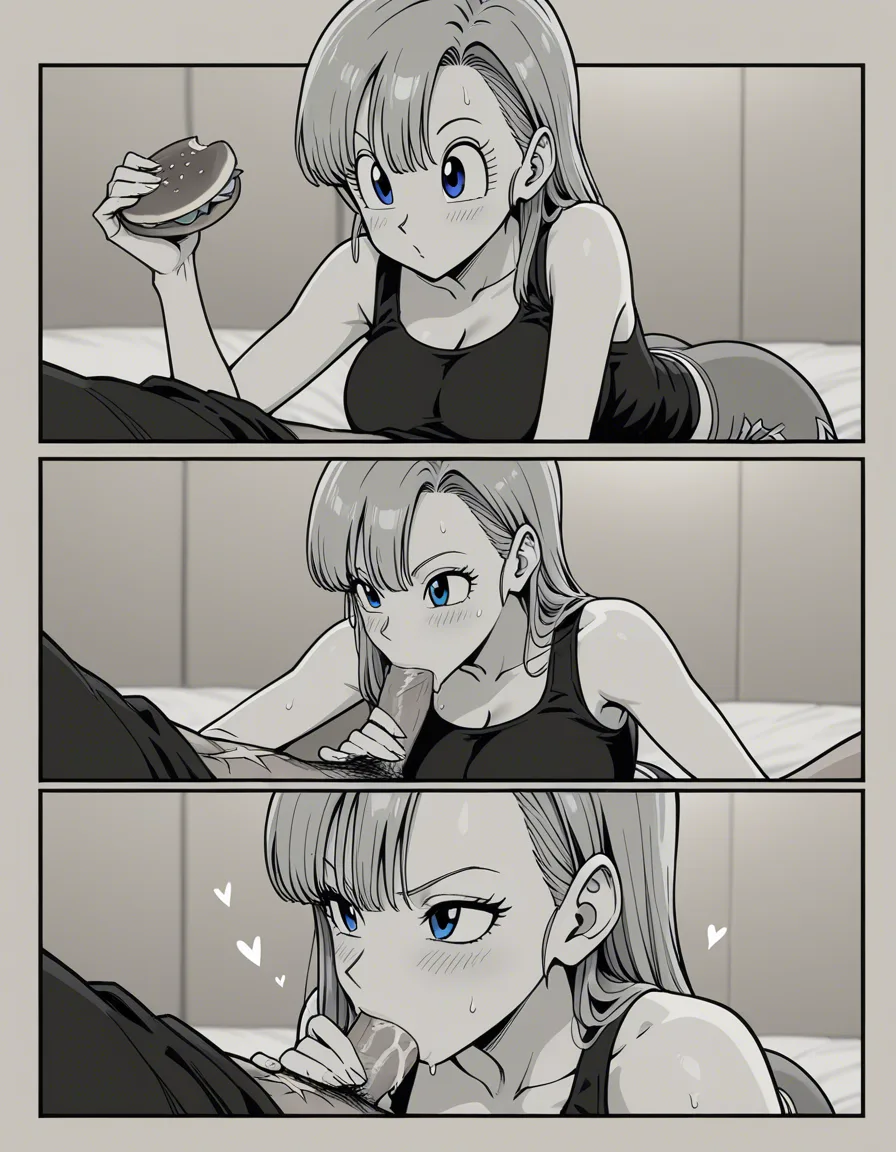 masterpiece, clean art, fitness model, scar, food, blowjob, manga panel look  @bulma, hentai_studio_quality