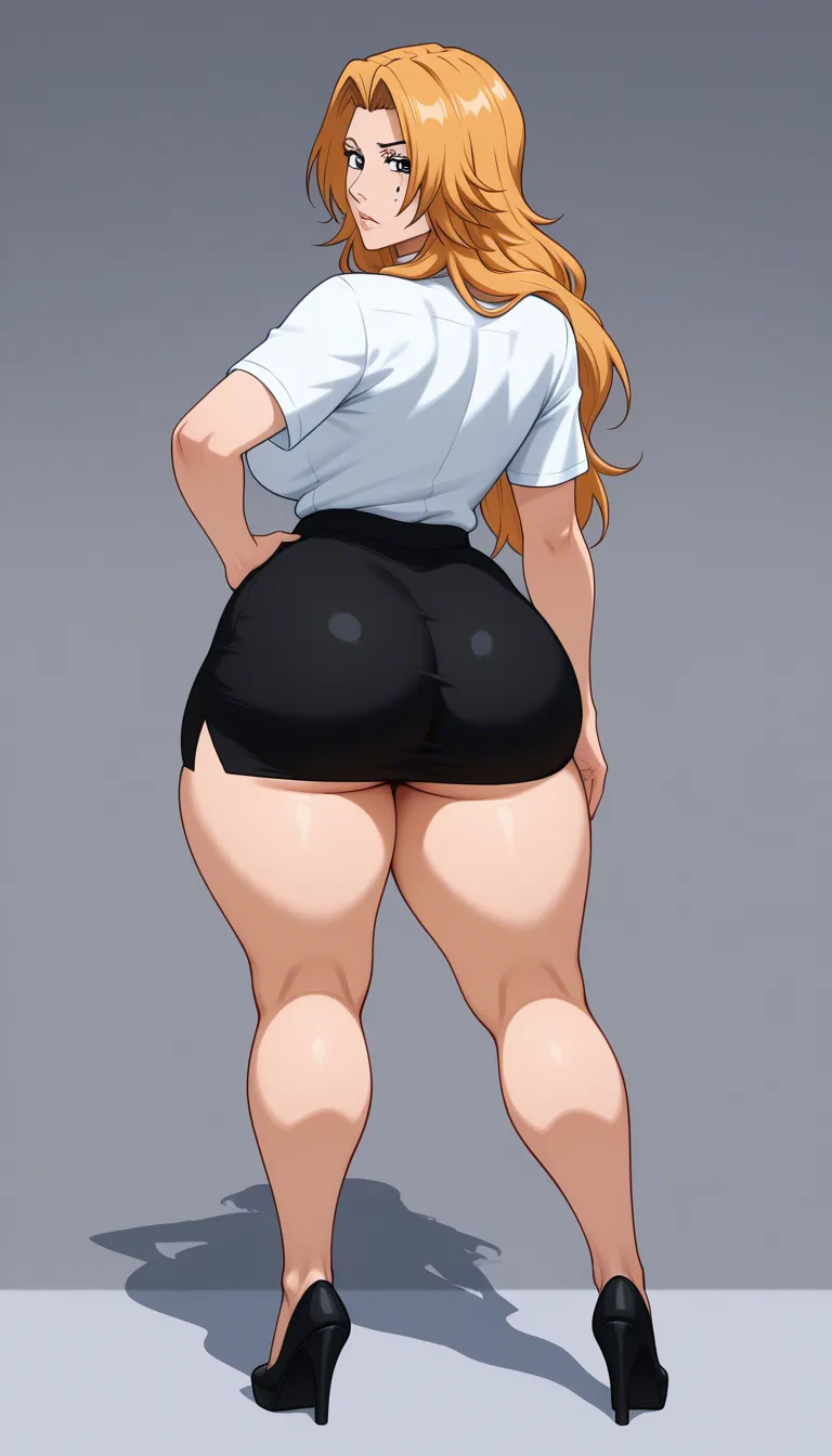 Ultra detailed anime illustration of Rangiku Matsumoto from Bleach, adult woman, rear view focus.
Face: partially visible as she looks back over her shoulder, glamorous mature features, soft oval face, fair skin, large grey eye with long lashes, beauty mark under the left eye, plump lips, long voluminous wavy strawberry-blonde hair cascading down her back and over one shoulder.
Body: extremely voluptuous figure, narrow waist, very wide soft hips, full round and plump buttocks, thick thighs.
Outfit: ultra ecchi teacher outfit seen from behind. Short tight black pencil skirt stretched firmly over her large round ass, the fabric pulled taut and slightly riding up due to her posture, clearly showing the full round shape of her buttocks and the deep curve where they meet her thighs. Thin white shirt is visible on her upper back, slightly pulled up. Black heels on her feet.
Pose: standing with her body arched, back curved, hips pushed back toward the camera. One hand rests on her hip, the other lifts the hem of her short skirt slightly. She looks back over her shoulder directly at the viewer with a knowing, provocative expression.
Framing: rear three-quarter close-up focused on her ass, hips, lower back and thighs, with her face visible looking back.
Background: dark seamless background.
Lighting: soft side lighting that sculpts the round shape of her buttocks, creates gentle highlights on the stretched skirt fabric and soft shadows under the curves. Mature detailed anime style, no text., hentai_studio_quality
