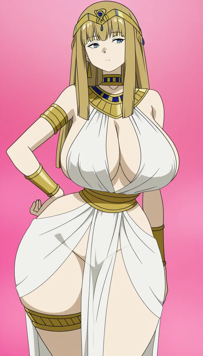 @Frieren wearing extremely sexy ancient Egyptian outfits, sheer clinging white and gold linen kalasiris, deep plunging necklines, wide ornate gold usekh collars, beaded hip belts, high side slits up the thigh, gold armbands and anklets, fabric tightly wrapping voluptuous bodies without explicit nudity, sexier pose standing close together, one looking back over her shoulder with arched back, the other leaning slightly with hand on hip, huge breasts, narrow waist, wide hips, thick thighs, solid pink background, highly detailed anime, very ecchi, (anime style:1.3), 2d, anime screencap, cel shading, flat color