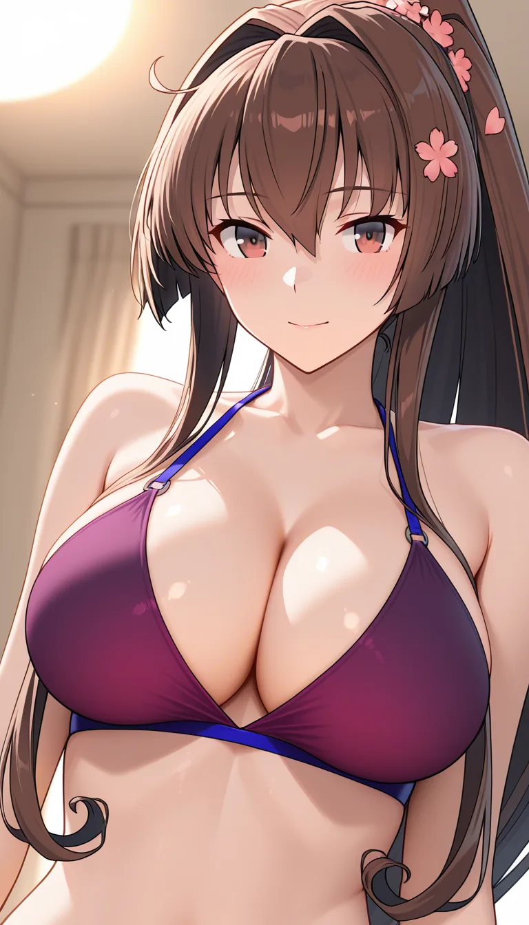 Close-up of a woman in a purple bikini top with blue straps, large breasts emphasized, soft warm lighting, aspect ratio 3:4, @yamato_(kancolle), hentai_studio_quality
