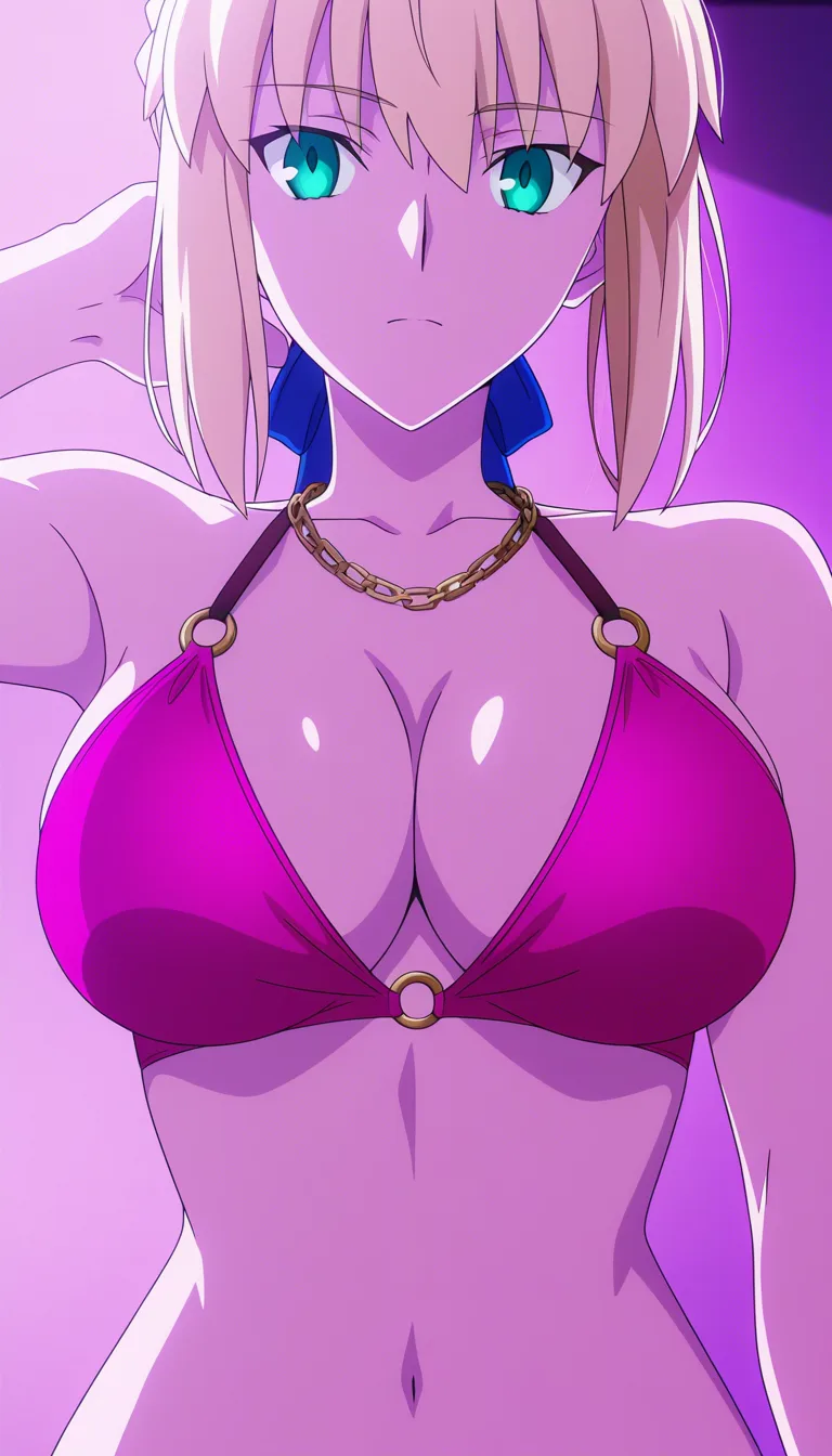 Woman in a bright pink bikini top with gold chain details, large breasts emphasized, one hand in her hair, soft indoor lighting, aspect ratio 3:4, @artoria_pendragon_(fate), (anime style:1.3), 2d, anime screencap, cel shading, flat color, @00osamio00