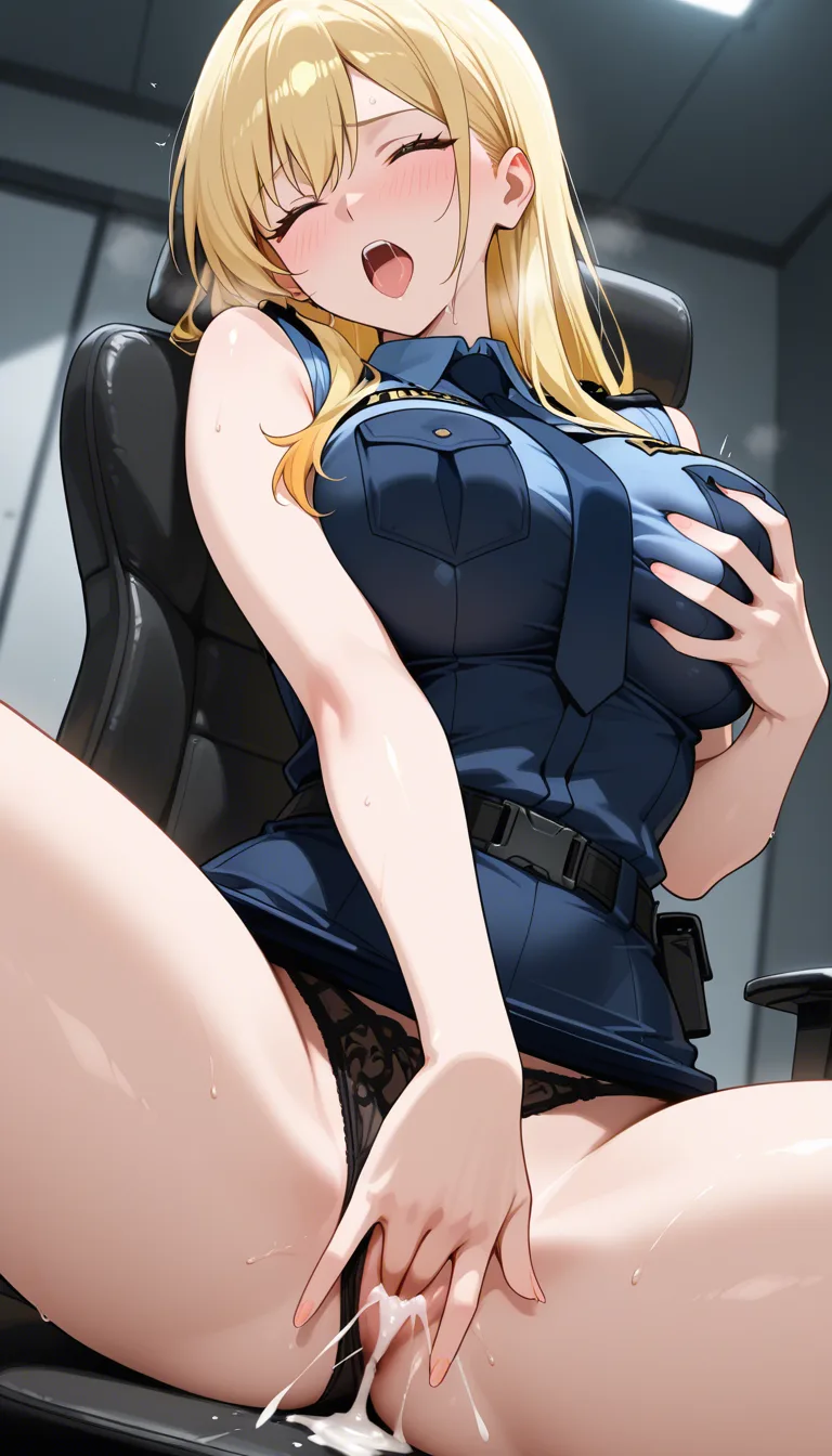 masterpiece, fine detail, solo female, large_breasts, grabbing_own_breast, sleeveless, spread_legs, vivid anime colors, female_masturbation, police_uniform, panties_aside, orgasm, hentai_studio_quality