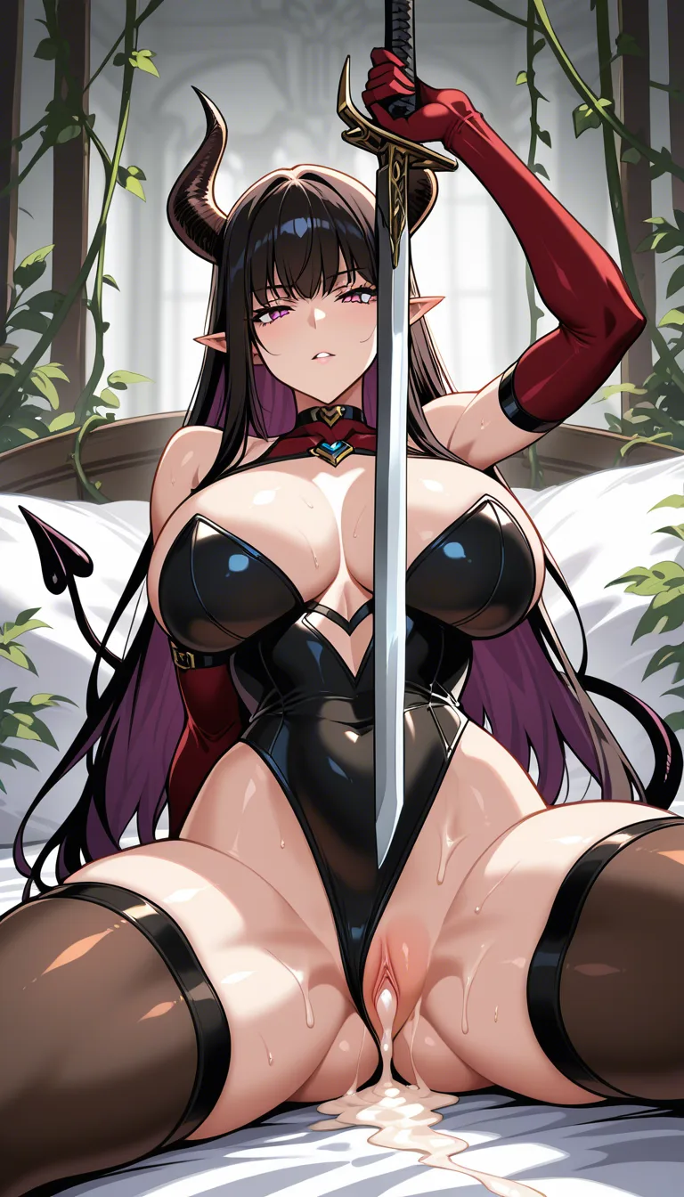 masterpiece, best quality, succubus, looking at viewer, cum_in_pussy, sitting on bed with plants and vines, manga panel look, (holding_weapon(Colt 1911)), hentai_studio_quality,, hentai_studio_quality