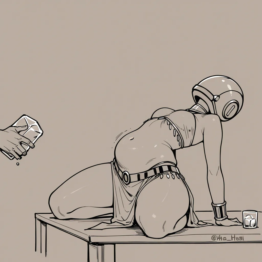 A belly dancer pressed up against the edge of a table, leaning back slightly exposing her tummy. She has a very soft, very curvy body. A man is kneeling in front of her holding an ice cube millimeters away from her soft sensual exposed belly. Her tummy is involuntarily squirming and tensing up, desperately trying to avoid the ice cube hovering over it.